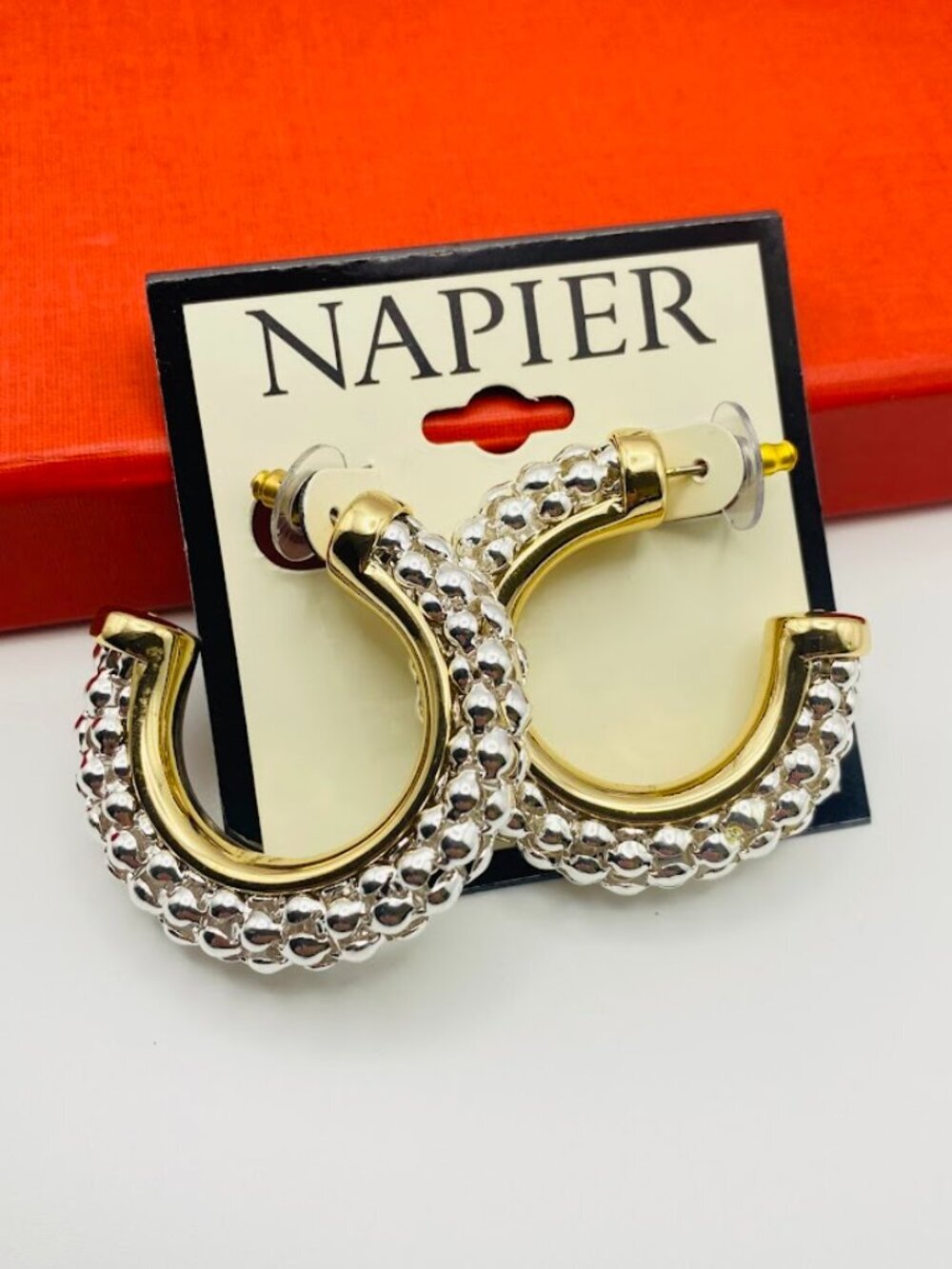Napier Two Tone Textured Hoop Earrings Gold Silver Tone 1.5” NWT Statement Hoops